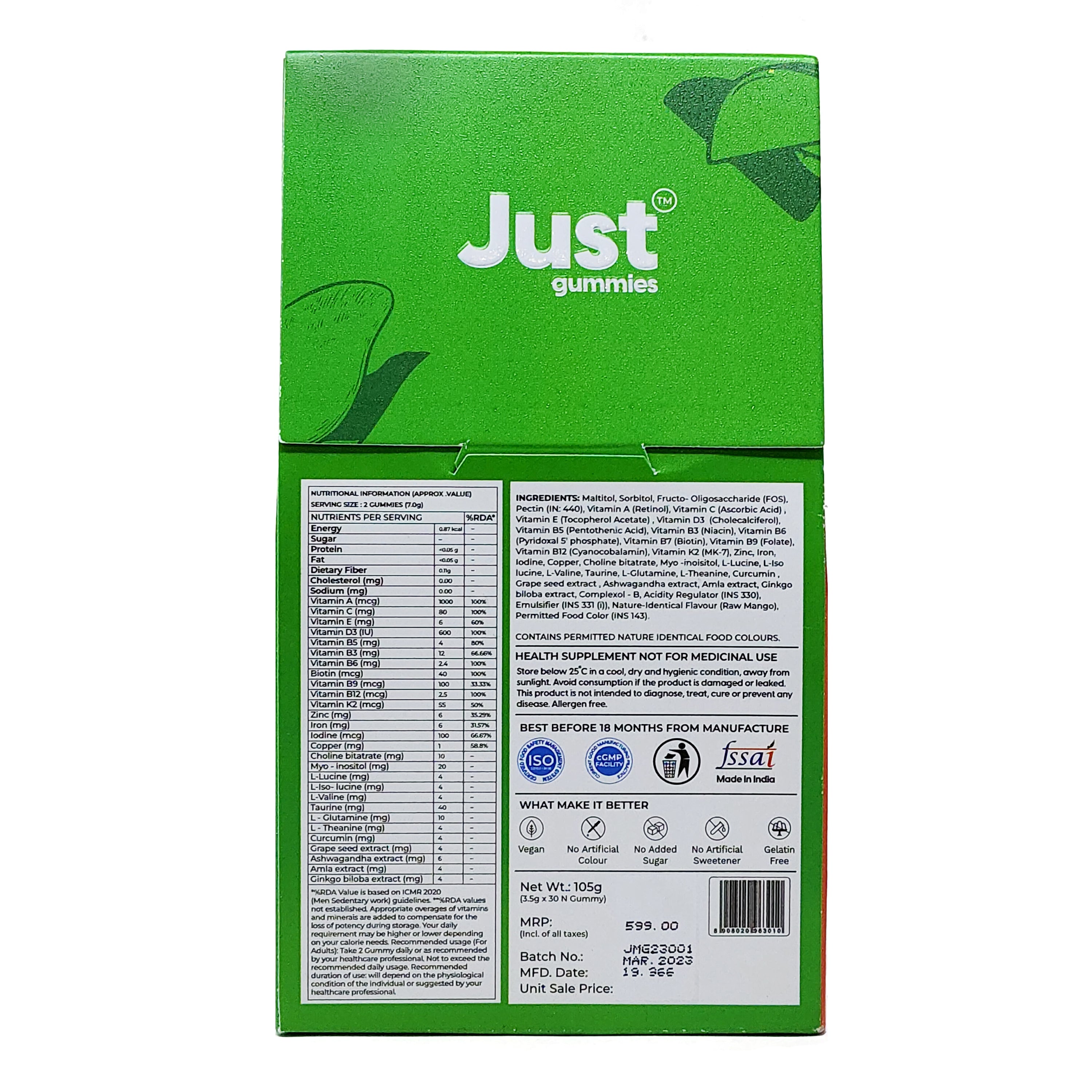 Just Mutivitamin Gumiees (Pack of 30) | For Men and Women| With essential vitamins, minerals, and amino acids | Zinc, Iron, and Biotin | Boost energy and metabolism, improves overall wellbeing,