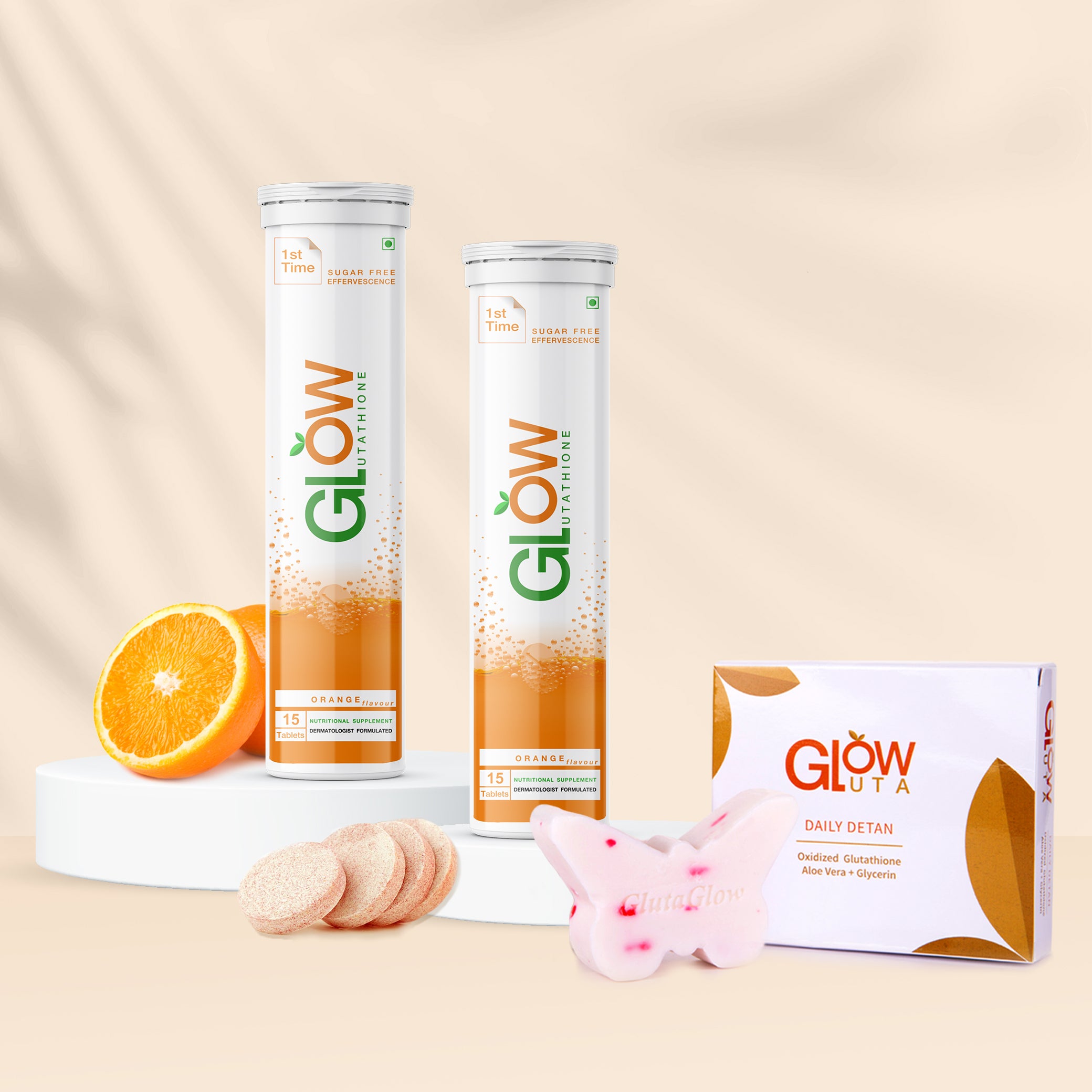 Glow Glutathione</br>2 in 1 L-Glutathione 500mg + Vitamin C 1000mg - 15 + 15 Effervescent Tablets+ Gluta Glow Soap