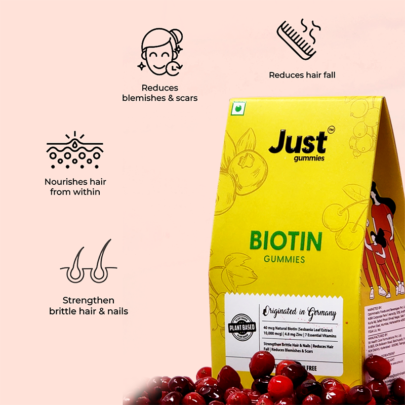 Biotin Just Gummies for Hair, Skin And Nails | 10,000 mcg Natural Biotin from Sesbania leaf extract with Viatmin A to E, Zinc, Grape seed extract | For Men & Women | Cranberry Flavour | Pack of 30 Gummies