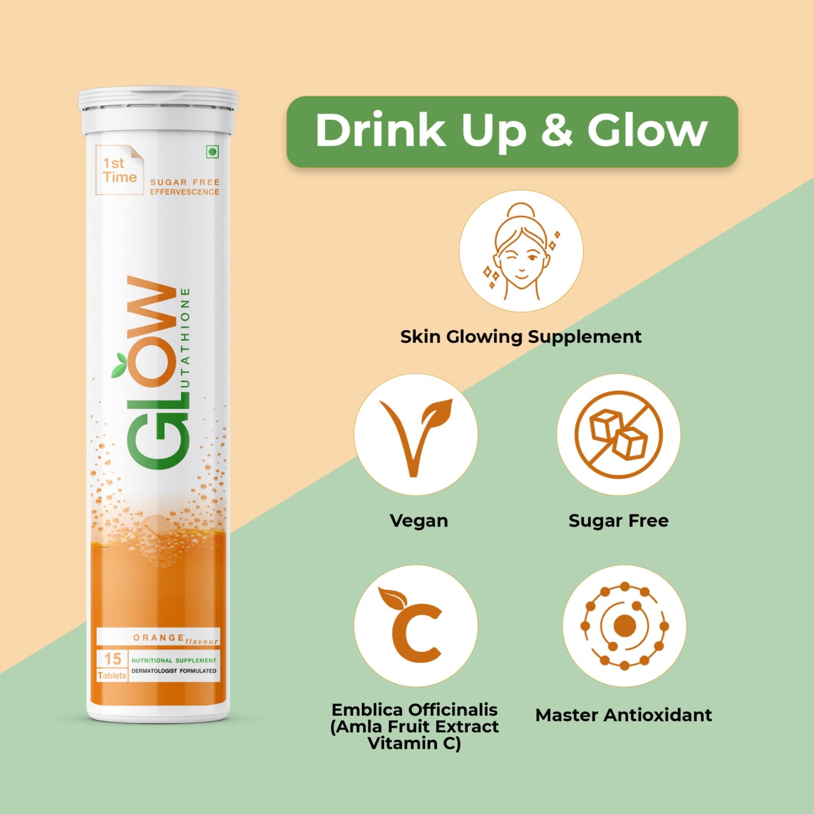 GlowGlutathione</br>2 in 1 L-Glutathione 500mg + 1000 mg of Organic Amla Fruit Extracted Vit C15 + 15 Effervescent Tablets+ GlutaGlow Soap