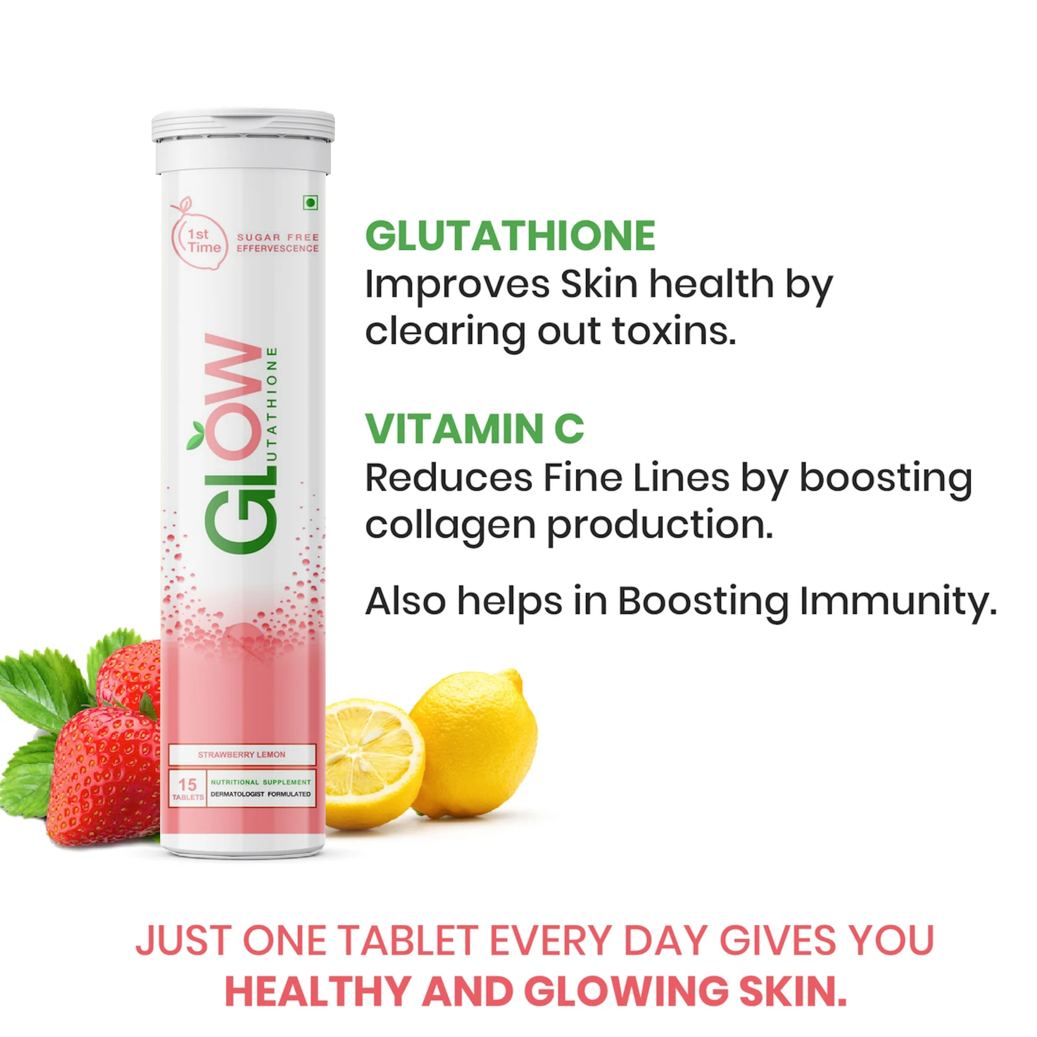 Glow Glutathione</br>2 in 1 L-Glutathione 500mg + Vitamin C 1000mg- 15 + 15 Effervescent Tablets
