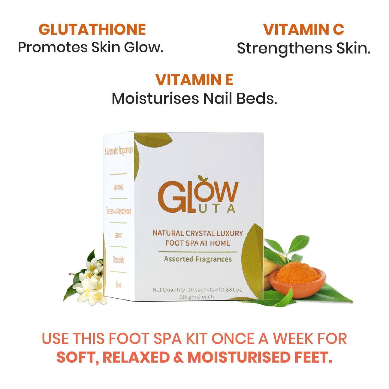 GlowGlutathione 2 in 1 L-Glutathione 500mg + Vitamin C 1000mg- 15 Effervescent Tablets , GlutaGlow Natural Crystal Luxury FootSpa At Home & GlutaGlow Soap Pack of 2