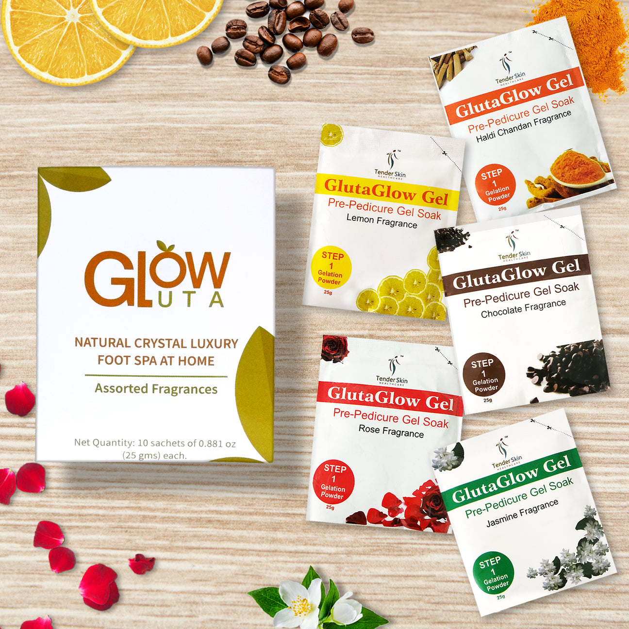 GlowGlutathione 2 in 1 L-Glutathione 500mg + Vitamin C 1000mg- 15 Effervescent Tablets , GlutaGlow Natural Crystal Luxury FootSpa At Home & GlutaGlow Soap Pack of 2