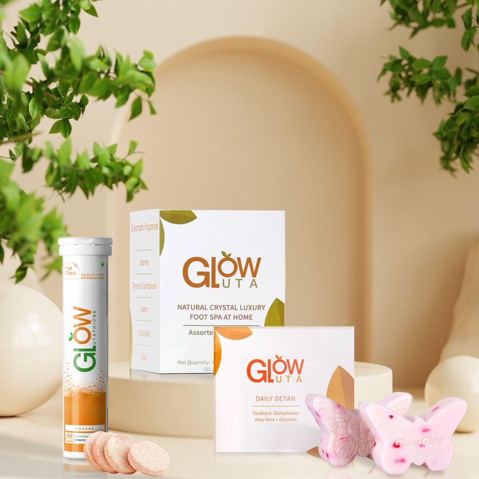 GlowGlutathione 2 in 1 L-Glutathione 500mg + Vitamin C 1000mg- 15 Effervescent Tablets , GlutaGlow Natural Crystal Luxury FootSpa At Home & GlutaGlow Soap Pack of 2